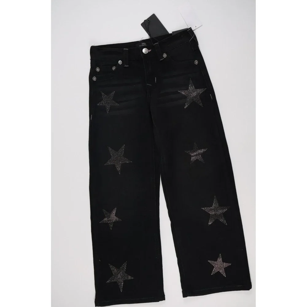 True Religion Leila Wide Leg Jeans Antique Black Star Rhinestone 7 NWT $79